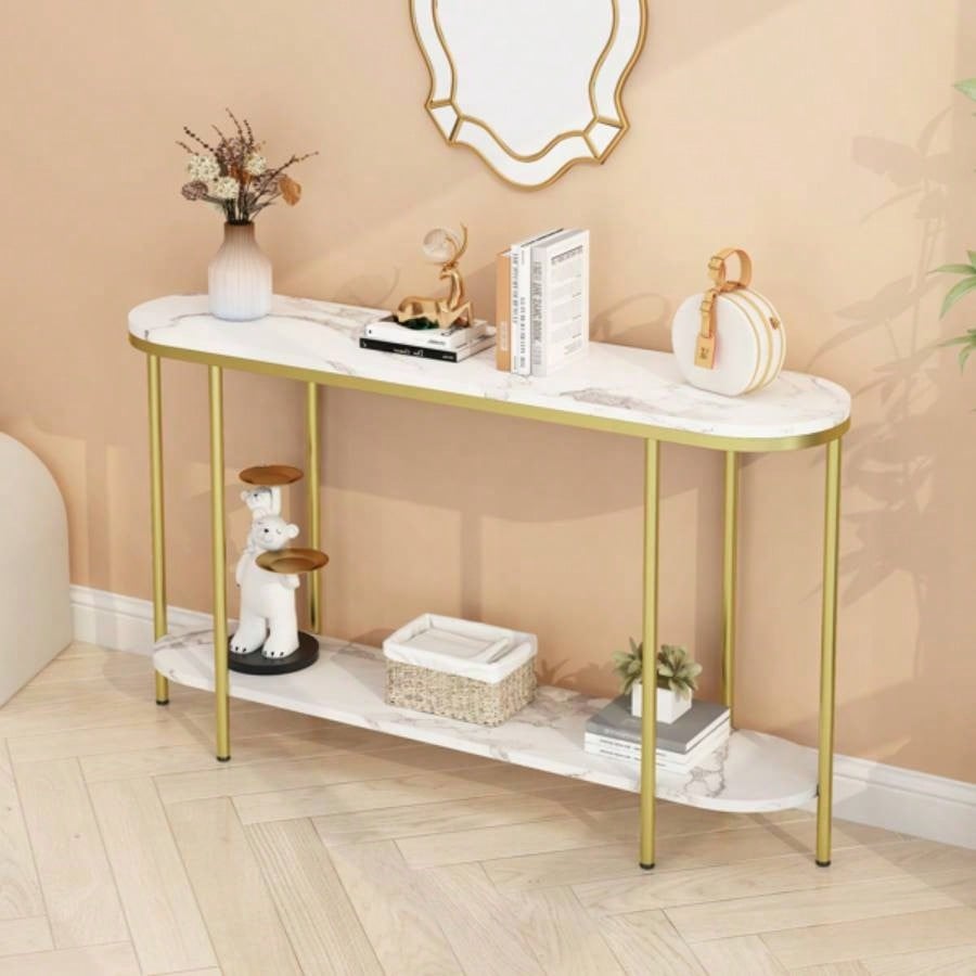 Old Code22504192Console Table 2 Tier Narrow Entryway Table with Storage Shelves Faux Marble Narrow Table Living Bedroom Hallway Office Easy Assembly, Gold White