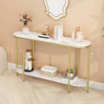 Old Code22504192Console Table 2 Tier Narrow Entryway Table with Storage Shelves Faux Marble Narrow Table Living Bedroom Hallway Office Easy Assembly, Gold White