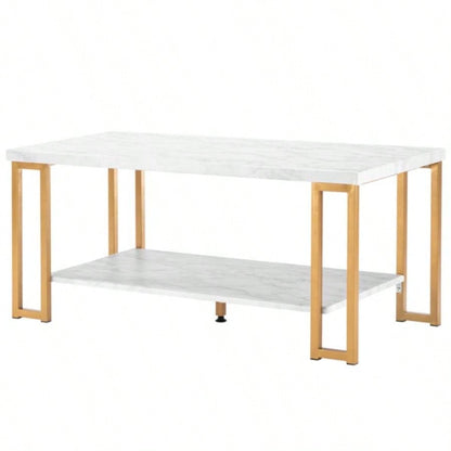 106x 50x 48cm Simple Double - layer Golden Iron Pipe Marble PVC Coffee Table Rectangular