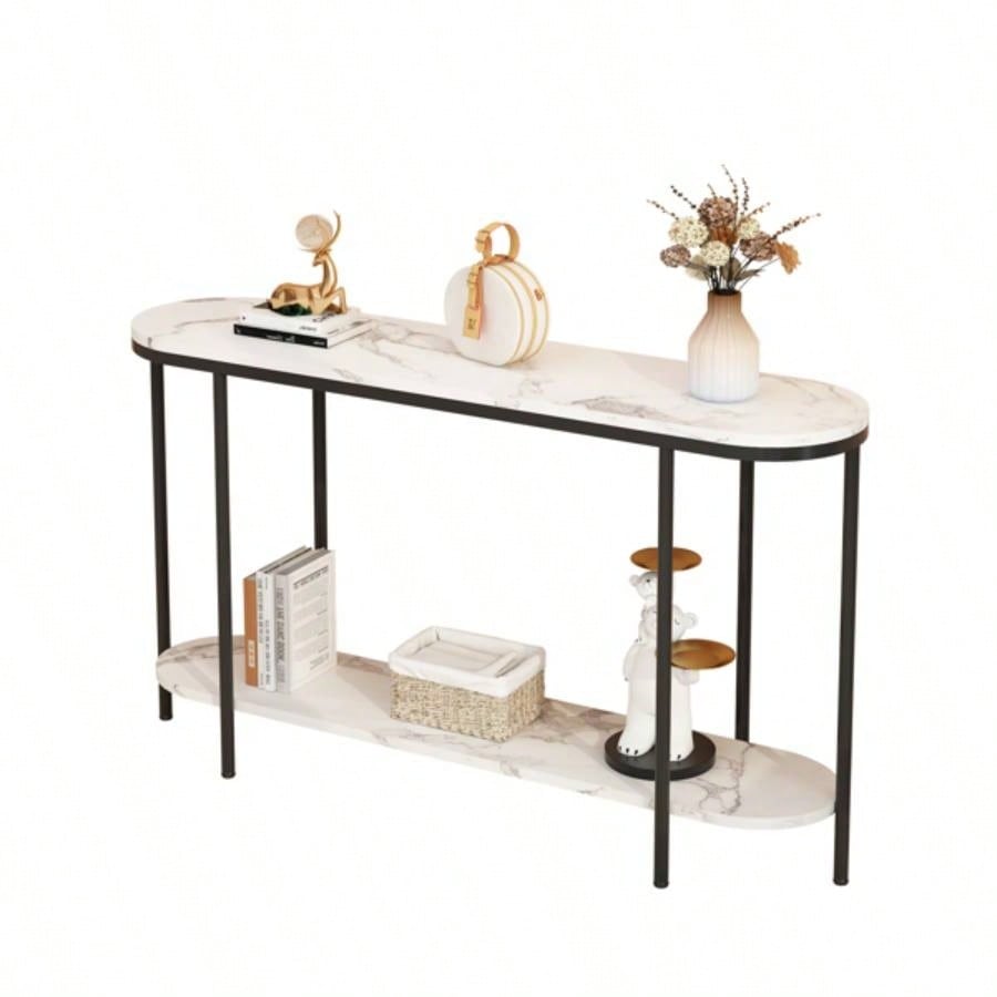 Replace code: 31283576Console Table 2 Tier Narrow Entryway Table with Storage Shelves Faux Marble Narrow Table Living Bedroom Hallway Office Easy Assembly, Black White