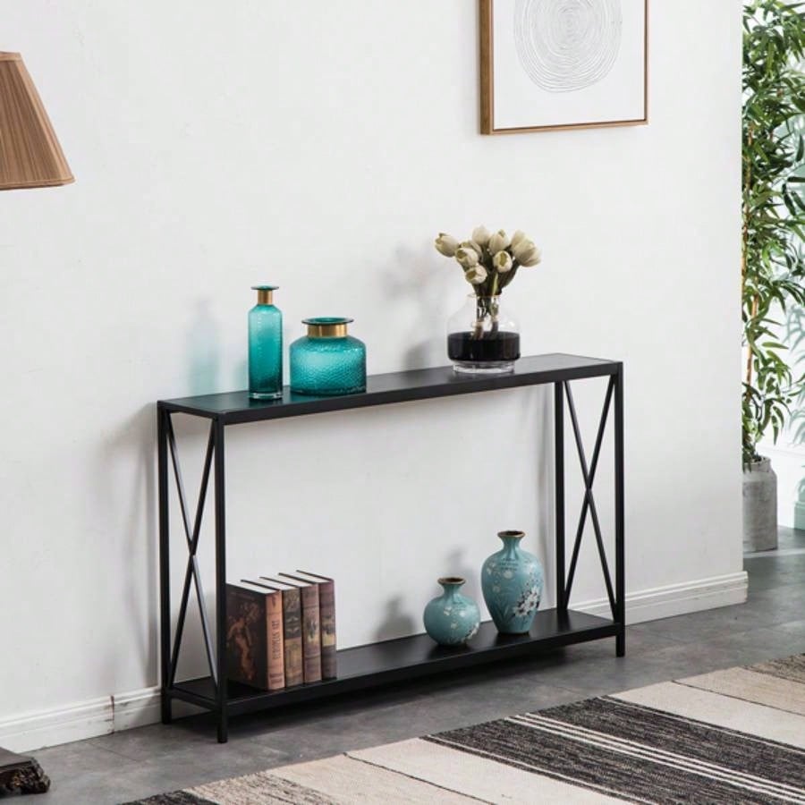Replace code: 63804709Triamine Board Iron Frame Porch Table Sofa Side Table Black Wood Grain