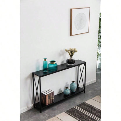 Replace code: 63804709Triamine Board Iron Frame Porch Table Sofa Side Table Black Wood Grain