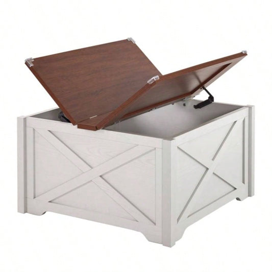 Farmhouse Coffee Table, Square Wood Center Table with Large Hidden Storage Compartment Living Room, Rustic Cocktail Table with Hinged Lift Top Home, Brown White