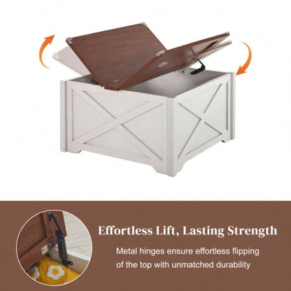 Farmhouse Coffee Table, Square Wood Center Table with Large Hidden Storage Compartment Living Room, Rustic Cocktail Table with Hinged Lift Top Home, Brown White