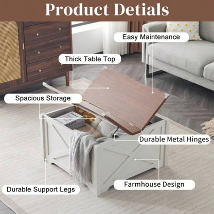 Farmhouse Coffee Table, Square Wood Center Table with Large Hidden Storage Compartment Living Room, Rustic Cocktail Table with Hinged Lift Top Home, Brown White