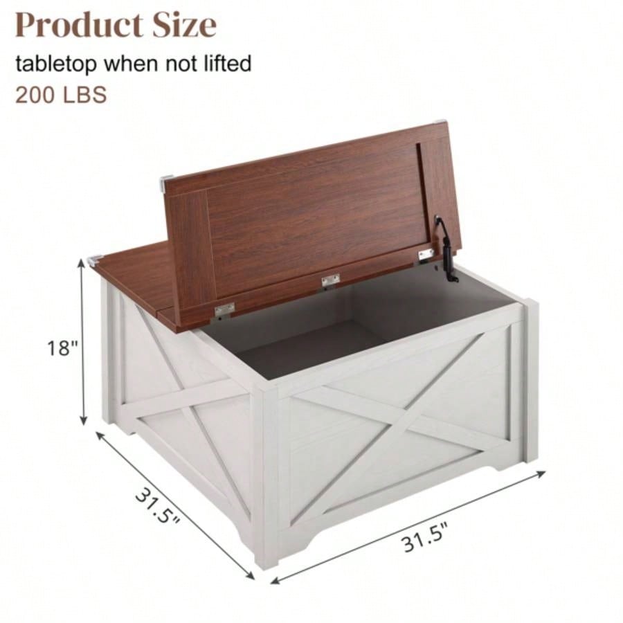 Farmhouse Coffee Table, Square Wood Center Table with Large Hidden Storage Compartment Living Room, Rustic Cocktail Table with Hinged Lift Top Home, Brown White