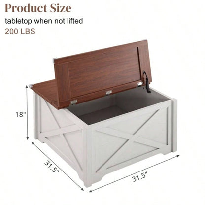 Farmhouse Coffee Table, Square Wood Center Table with Large Hidden Storage Compartment Living Room, Rustic Cocktail Table with Hinged Lift Top Home, Brown White