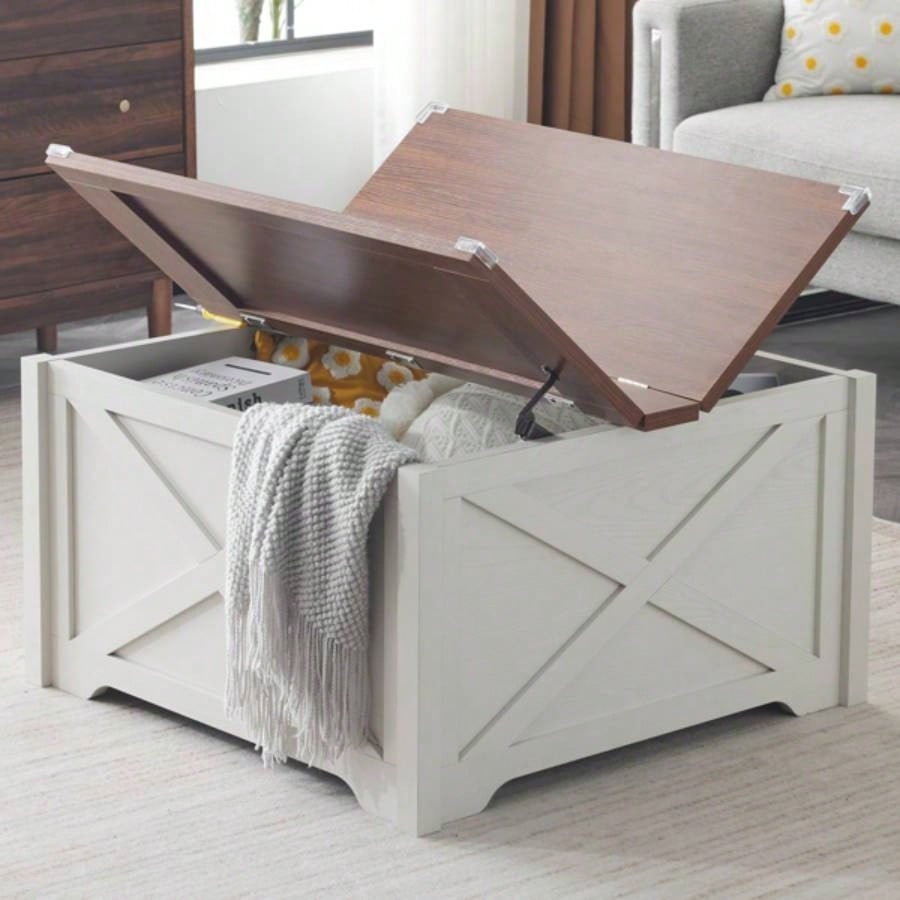 Farmhouse Coffee Table, Square Wood Center Table with Large Hidden Storage Compartment Living Room, Rustic Cocktail Table with Hinged Lift Top Home, Brown White