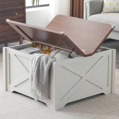 Farmhouse Coffee Table, Square Wood Center Table with Large Hidden Storage Compartment Living Room, Rustic Cocktail Table with Hinged Lift Top Home, Brown White