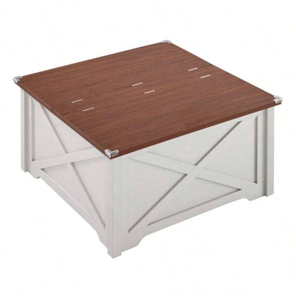 Farmhouse Coffee Table, Square Wood Center Table with Large Hidden Storage Compartment Living Room, Rustic Cocktail Table with Hinged Lift Top Home, Brown White