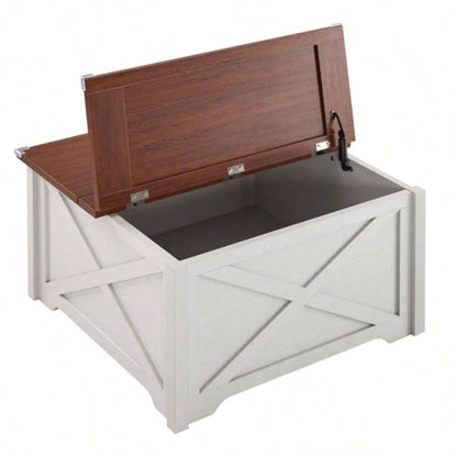 Farmhouse Coffee Table, Square Wood Center Table with Large Hidden Storage Compartment Living Room, Rustic Cocktail Table with Hinged Lift Top Home, Brown White