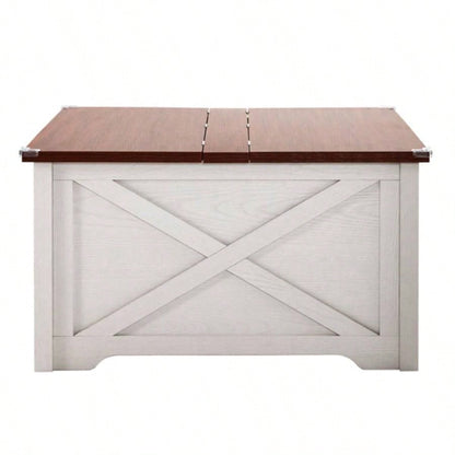 Farmhouse Coffee Table, Square Wood Center Table with Large Hidden Storage Compartment Living Room, Rustic Cocktail Table with Hinged Lift Top Home, Brown White