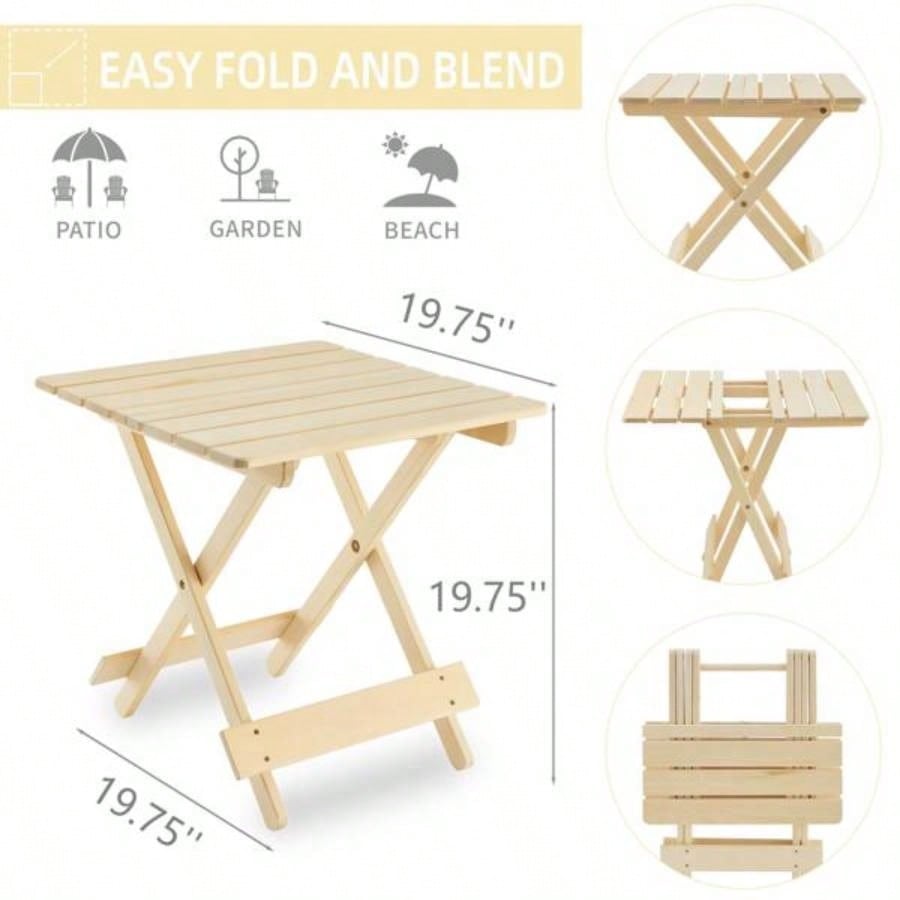 Folding Square Table Patio Outdoor solid wood Table Backyard, Balcony, Portable Design Space - Saving Natural Wood Color