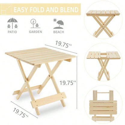 Folding Square Table Patio Outdoor solid wood Table Backyard, Balcony, Portable Design Space - Saving Natural Wood Color