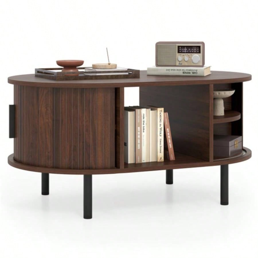 35.5 inch vintage coffee table with sliding slot door