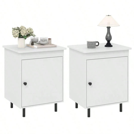 2 white bedside tables with doors