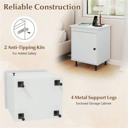 2 white bedside tables with doors