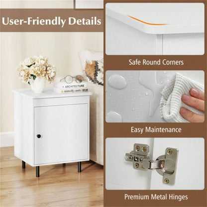 2 white bedside tables with doors