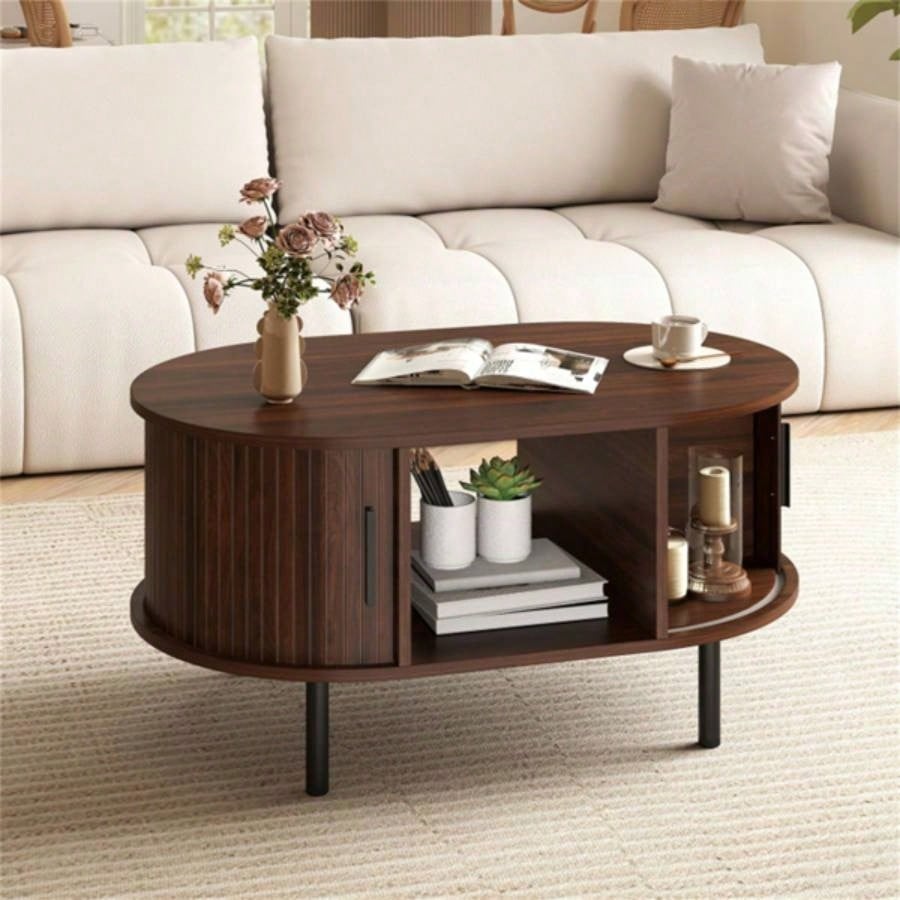 35.5 inch vintage coffee table with sliding slot door
