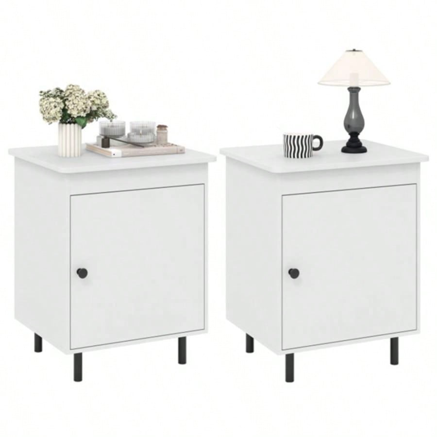 2 white bedside tables with doors