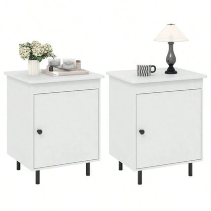 2 white bedside tables with doors
