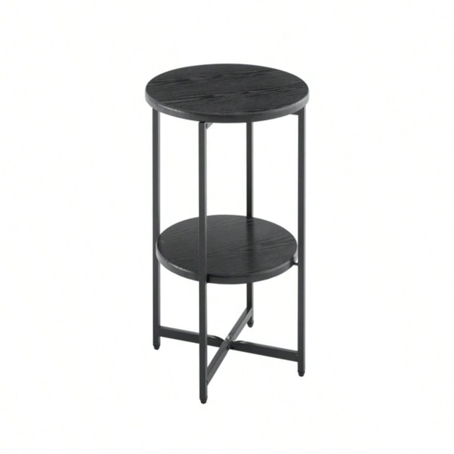Small round side table, 2 tiers farmhouse end table, accent tables small spaces, night stands bedrooms living room, coffee tables with storage shelf, Black