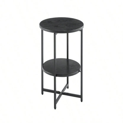 Small round side table, 2 tiers farmhouse end table, accent tables small spaces, night stands bedrooms living room, coffee tables with storage shelf, Black