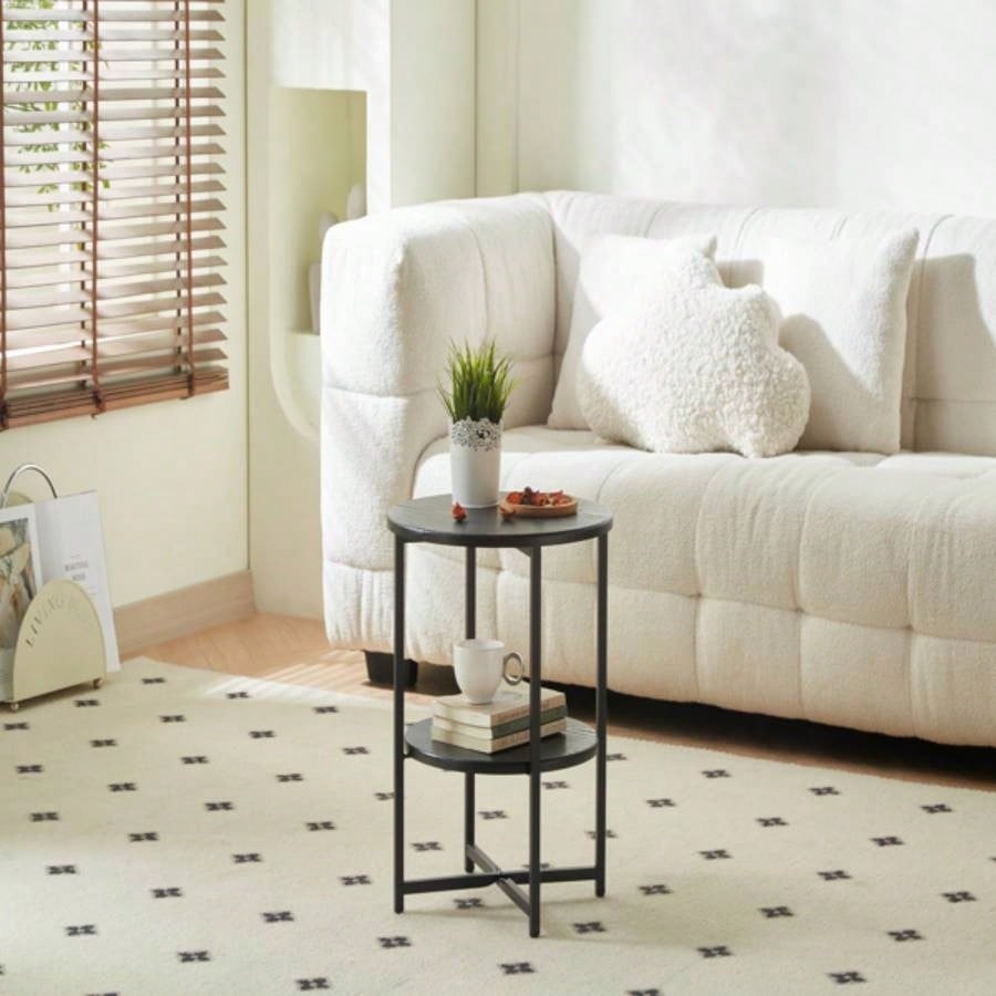 Small round side table, 2 tiers farmhouse end table, accent tables small spaces, night stands bedrooms living room, coffee tables with storage shelf, Black