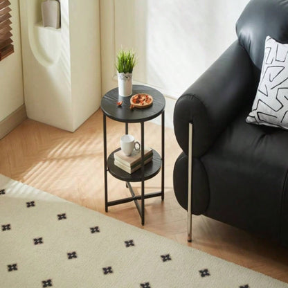 Small round side table, 2 tiers farmhouse end table, accent tables small spaces, night stands bedrooms living room, coffee tables with storage shelf, Black