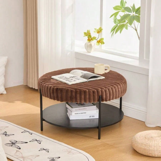 30.9Wide Upholstered Round Ottoman Coffee Table Foot Rest with Black Metal, Footstool with Wooden Open Storage Shelf, Faux Fur Footstool Living Room Bedroom Entryway Hotel. Brown