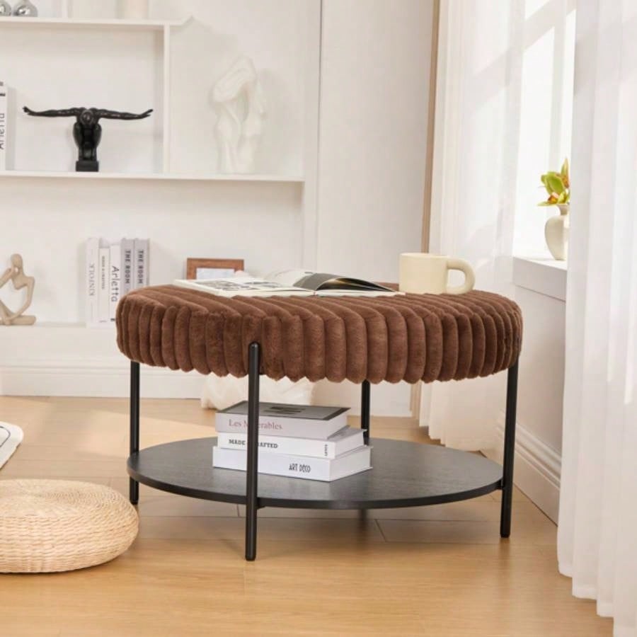 30.9Wide Upholstered Round Ottoman Coffee Table Foot Rest with Black Metal, Footstool with Wooden Open Storage Shelf, Faux Fur Footstool Living Room Bedroom Entryway Hotel. Brown
