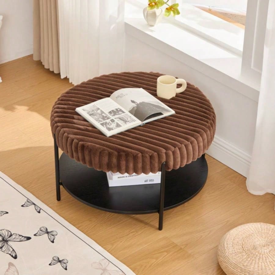 30.9Wide Upholstered Round Ottoman Coffee Table Foot Rest with Black Metal, Footstool with Wooden Open Storage Shelf, Faux Fur Footstool Living Room Bedroom Entryway Hotel. Brown
