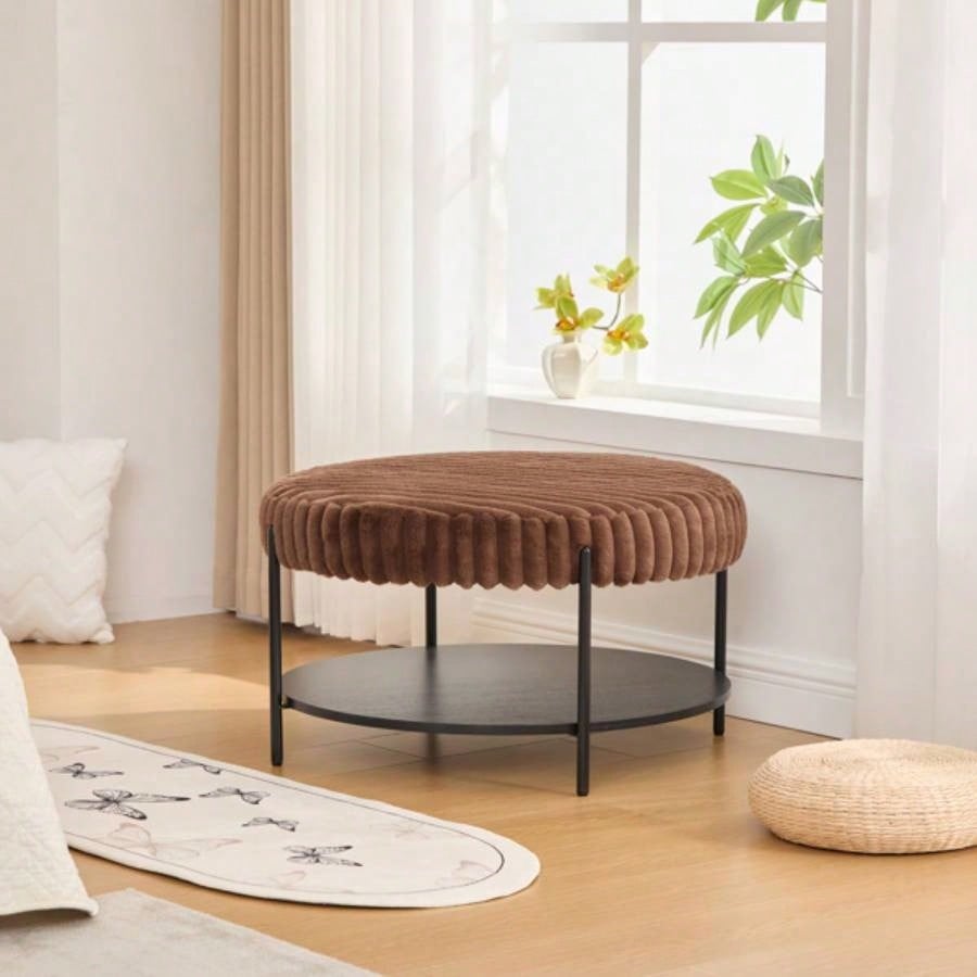 30.9Wide Upholstered Round Ottoman Coffee Table Foot Rest with Black Metal, Footstool with Wooden Open Storage Shelf, Faux Fur Footstool Living Room Bedroom Entryway Hotel. Brown