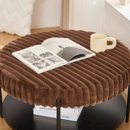 30.9Wide Upholstered Round Ottoman Coffee Table Foot Rest with Black Metal, Footstool with Wooden Open Storage Shelf, Faux Fur Footstool Living Room Bedroom Entryway Hotel. Brown