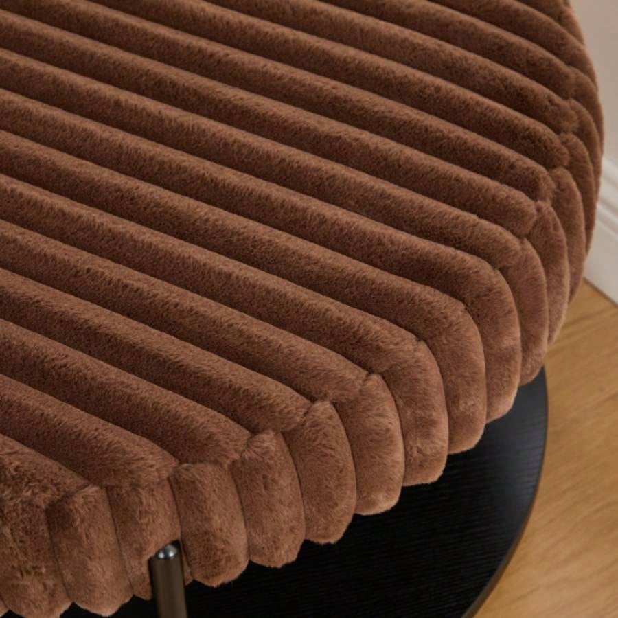 30.9Wide Upholstered Round Ottoman Coffee Table Foot Rest with Black Metal, Footstool with Wooden Open Storage Shelf, Faux Fur Footstool Living Room Bedroom Entryway Hotel. Brown