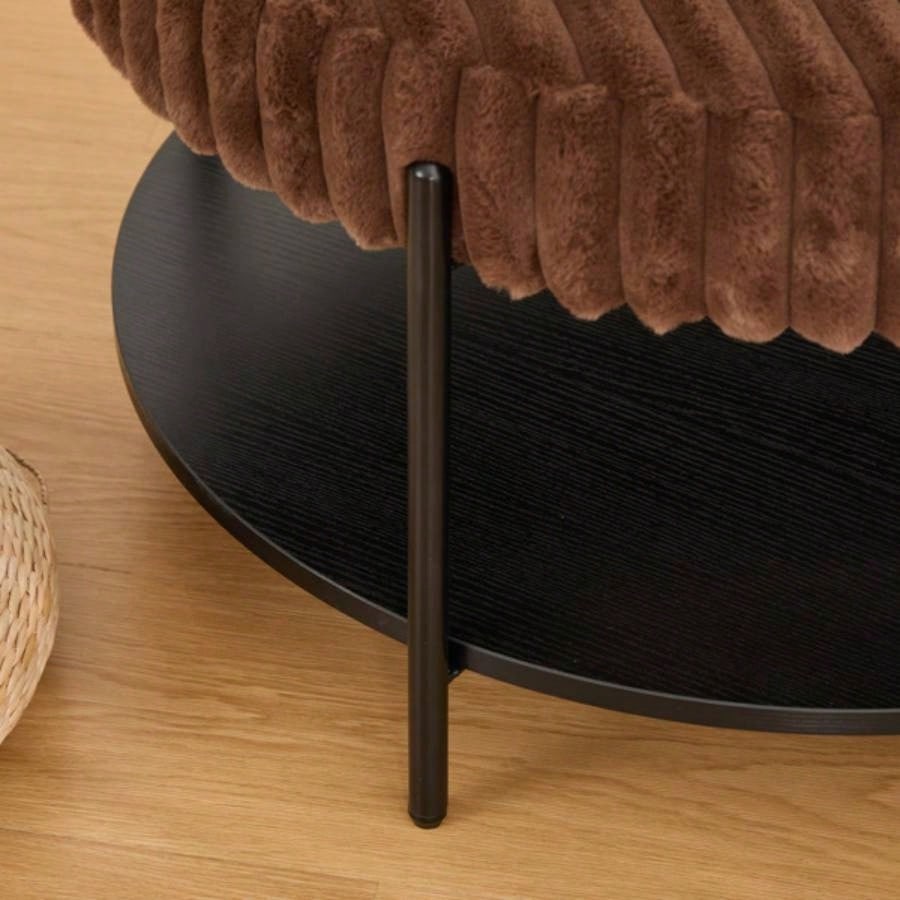 30.9Wide Upholstered Round Ottoman Coffee Table Foot Rest with Black Metal, Footstool with Wooden Open Storage Shelf, Faux Fur Footstool Living Room Bedroom Entryway Hotel. Brown