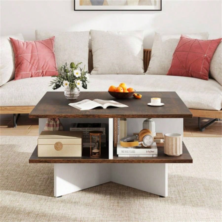 2 - Tier Living Room Coffee Table - Square Design with 4 Storage Compartments