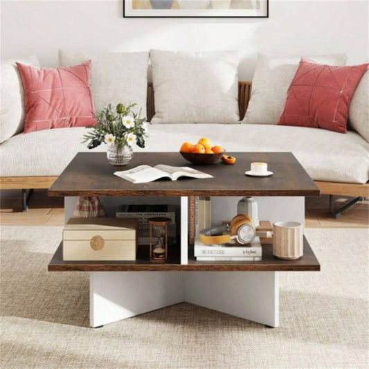 2 - Tier Living Room Coffee Table - Square Design with 4 Storage Compartments