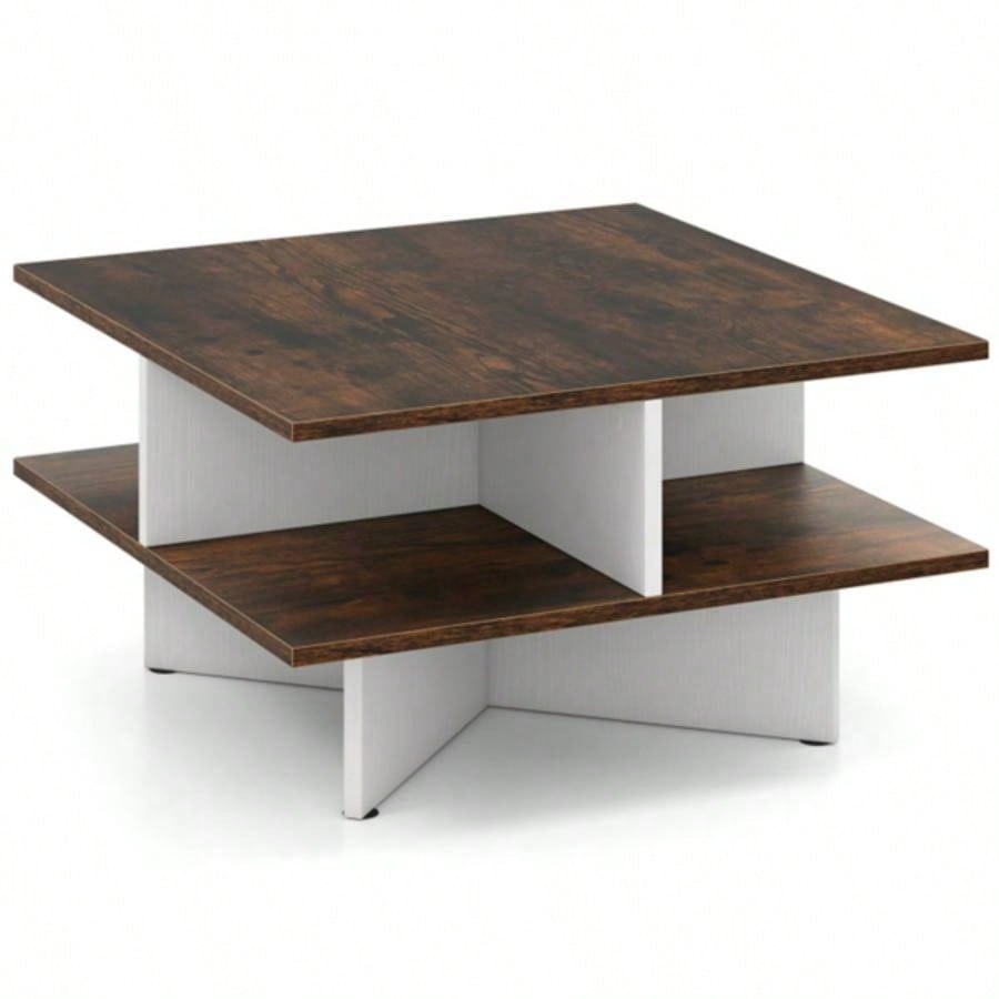 2 - Tier Living Room Coffee Table - Square Design with 4 Storage Compartments