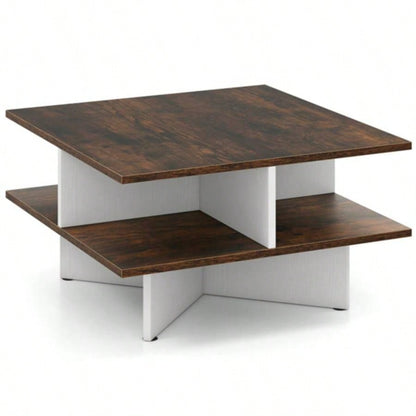 2 - Tier Living Room Coffee Table - Square Design with 4 Storage Compartments