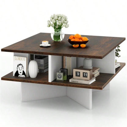 2 - Tier Living Room Coffee Table - Square Design with 4 Storage Compartments
