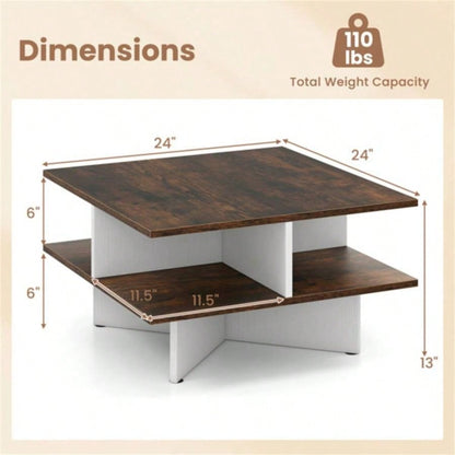 2 - Tier Living Room Coffee Table - Square Design with 4 Storage Compartments