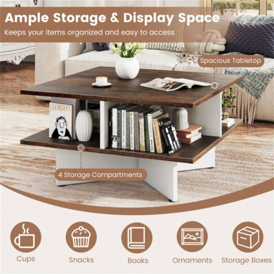 2 - Tier Living Room Coffee Table - Square Design with 4 Storage Compartments