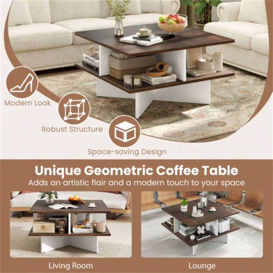 2 - Tier Living Room Coffee Table - Square Design with 4 Storage Compartments