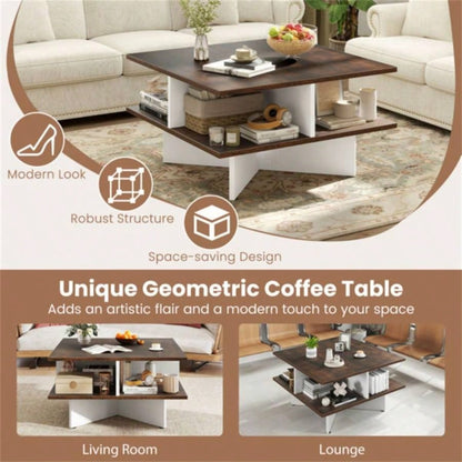 2 - Tier Living Room Coffee Table - Square Design with 4 Storage Compartments