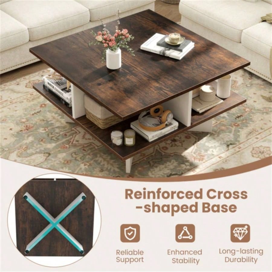 2 - Tier Living Room Coffee Table - Square Design with 4 Storage Compartments