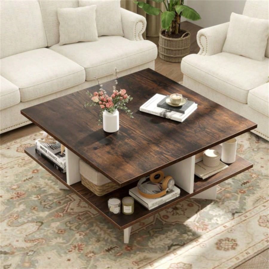 2 - Tier Living Room Coffee Table - Square Design with 4 Storage Compartments