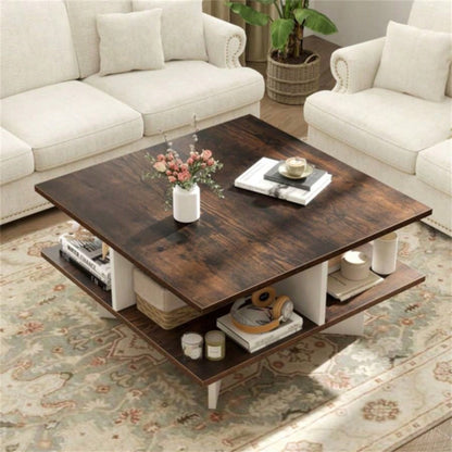 2 - Tier Living Room Coffee Table - Square Design with 4 Storage Compartments