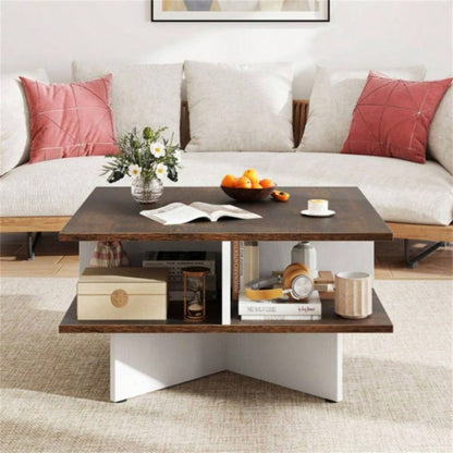 2 - Tier Living Room Coffee Table - Square Design with 4 Storage Compartments