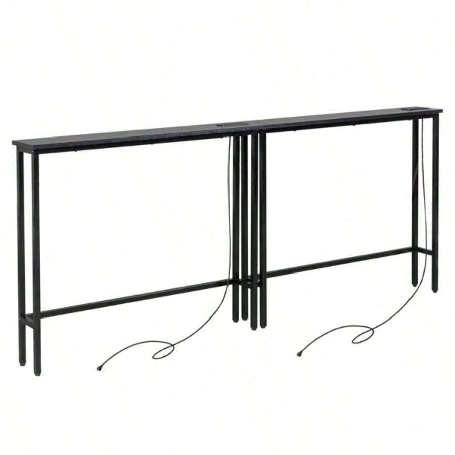 2 Pack 39.4 Narrow Console Sofa Table with Power Outlets and USB Ports, Long Couch Table with Metal Frame and Charge Station with 4.9ft Extension Cord, Black